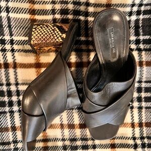 Lafayette 148 Leather Crisscross Mule Sandals with Snake Embossed Block Heel